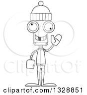 Lineart Clipart Of A Cartoon Black And White Skinny Waving Winter Robot With A Missing Tooth Royalty Free Outline Vector Illustration