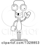 Lineart Clipart Of A Cartoon Black And White Skinny Waving Wrestler Robot With A Missing Tooth Royalty Free Outline Vector Illustration