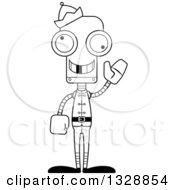 Lineart Clipart Of A Cartoon Black And White Skinny Waving Robot Christmas Elf With A Missing Tooth Royalty Free Outline Vector Illustration