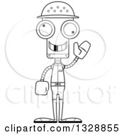 Lineart Clipart Of A Cartoon Black And White Skinny Waving Robot Zookeeper With A Missing Tooth Royalty Free Outline Vector Illustration