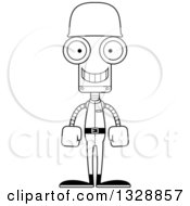 Lineart Clipart Of A Cartoon Black And White Skinny Happy Robot Soldier Royalty Free Outline Vector Illustration