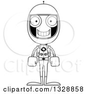 Lineart Clipart Of A Cartoon Black And White Skinny Happy Robot Astronaut Royalty Free Outline Vector Illustration