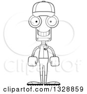Lineart Clipart Of A Cartoon Black And White Skinny Happy Robot Baseball Player Royalty Free Outline Vector Illustration