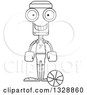 Lineart Clipart Of A Cartoon Black And White Skinny Happy Robot Basketball Player Royalty Free Outline Vector Illustration
