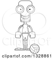 Lineart Clipart Of A Cartoon Black And White Skinny Happy Robot Beach Volleyball Player Royalty Free Outline Vector Illustration