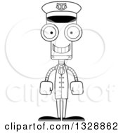 Lineart Clipart Of A Cartoon Black And White Skinny Happy Robot Boat Captain Royalty Free Outline Vector Illustration