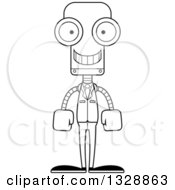 Lineart Clipart Of A Cartoon Black And White Skinny Happy Business Robot Royalty Free Outline Vector Illustration