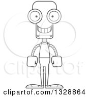 Lineart Clipart Of A Cartoon Black And White Skinny Happy Casual Robot Royalty Free Outline Vector Illustration