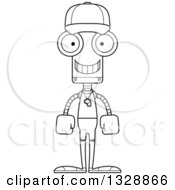 Lineart Clipart Of A Cartoon Black And White Skinny Happy Robot Sports Coach Royalty Free Outline Vector Illustration