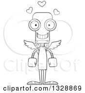 Lineart Clipart Of A Cartoon Black And White Skinny Happy Cupid Robot Royalty Free Outline Vector Illustration