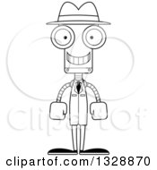 Lineart Clipart Of A Cartoon Black And White Skinny Happy Robot Detective Royalty Free Outline Vector Illustration