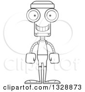 Lineart Clipart Of A Cartoon Black And White Skinny Happy Fit Robot Royalty Free Outline Vector Illustration