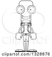 Lineart Clipart Of A Cartoon Black And White Skinny Happy Hiker Robot Royalty Free Outline Vector Illustration