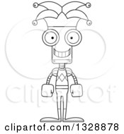 Lineart Clipart Of A Cartoon Black And White Skinny Happy Robot Jester Royalty Free Outline Vector Illustration