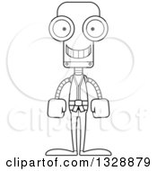 Lineart Clipart Of A Cartoon Black And White Skinny Happy Karate Robot Royalty Free Outline Vector Illustration