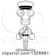 Lineart Clipart Of A Cartoon Black And White Skinny Happy Robot Mailman Royalty Free Outline Vector Illustration