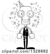 Lineart Clipart Of A Cartoon Black And White Skinny Happy Party Robot Royalty Free Outline Vector Illustration
