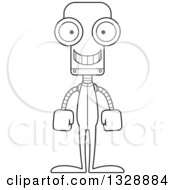Lineart Clipart Of A Cartoon Black And White Skinny Happy Robot In Pajamas Royalty Free Outline Vector Illustration