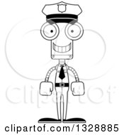 Lineart Clipart Of A Cartoon Black And White Skinny Happy Robot Police Officer Royalty Free Outline Vector Illustration