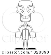 Lineart Clipart Of A Cartoon Black And White Skinny Happy Robot Scientist Royalty Free Outline Vector Illustration
