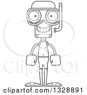 Lineart Clipart Of A Cartoon Black And White Skinny Happy Robot In Snorkel Gear Royalty Free Outline Vector Illustration