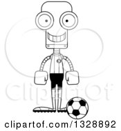 Lineart Clipart Of A Cartoon Black And White Skinny Happy Robot Soccer Player Royalty Free Outline Vector Illustration