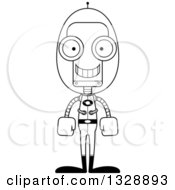 Lineart Clipart Of A Cartoon Black And White Skinny Happy Futuristic Space Robot Royalty Free Outline Vector Illustration