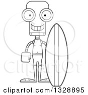 Lineart Clipart Of A Cartoon Black And White Skinny Happy Robot Surfer Royalty Free Outline Vector Illustration