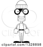 Lineart Clipart Of A Cartoon Black And White Skinny Happy Robber Robot Royalty Free Outline Vector Illustration