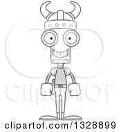 Lineart Clipart Of A Cartoon Black And White Skinny Happy Viking Robot Royalty Free Outline Vector Illustration