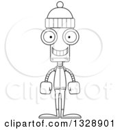 Poster, Art Print Of Cartoon Black And White Skinny Happy Robot In Winter Clothes