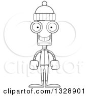 Lineart Clipart Of A Cartoon Black And White Skinny Happy Robot In Winter Clothes Royalty Free Outline Vector Illustration