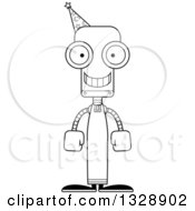 Lineart Clipart Of A Cartoon Black And White Skinny Happy Wizard Robot Royalty Free Outline Vector Illustration
