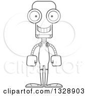 Lineart Clipart Of A Cartoon Black And White Skinny Happy Robot Wrestler Royalty Free Outline Vector Illustration