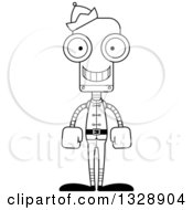 Lineart Clipart Of A Cartoon Black And White Skinny Happy Christmas Elf Robot Royalty Free Outline Vector Illustration