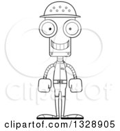 Lineart Clipart Of A Cartoon Black And White Skinny Happy Robot Zookeeper Royalty Free Outline Vector Illustration