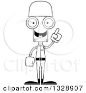 Lineart Clipart Of A Cartoon Black And White Skinny Robot Soldier With An Idea Royalty Free Outline Vector Illustration