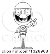 Lineart Clipart Of A Cartoon Black And White Skinny Robot Astronaut With An Idea Royalty Free Outline Vector Illustration