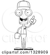 Lineart Clipart Of A Cartoon Black And White Skinny Robot Baseball Player With An Idea Royalty Free Outline Vector Illustration
