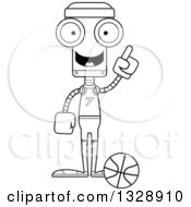 Lineart Clipart Of A Cartoon Black And White Skinny Robot Basketball Player With An Idea Royalty Free Outline Vector Illustration