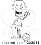 Lineart Clipart Of A Cartoon Black And White Skinny Robot Beach Volleyball Player With An Idea Royalty Free Outline Vector Illustration