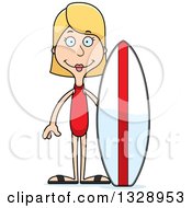 Poster, Art Print Of Cartoon Happy Tall Skinny White Woman Surfer