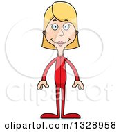 Clipart Of A Cartoon Happy Tall Skinny White Woman In Footie Pajamas Royalty Free Vector Illustration