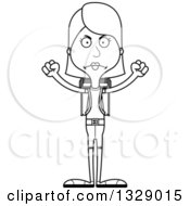 Lineart Clipart Of A Cartoon Black And White Angry Tall Skinny White Woman Hiker Royalty Free Outline Vector Illustration