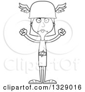 Lineart Clipart Of A Cartoon Black And White Angry Tall Skinny White Hermes Woman Royalty Free Outline Vector Illustration