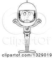 Lineart Clipart Of A Cartoon Black And White Angry Tall Skinny White Woman Astronaut Royalty Free Outline Vector Illustration
