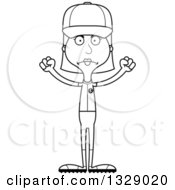 Lineart Clipart Of A Cartoon Black And White Angry Tall Skinny White Woman Baseball Player Royalty Free Outline Vector Illustration