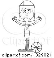 Lineart Clipart Of A Cartoon Black And White Angry Tall Skinny White Woman Basketball Player Royalty Free Outline Vector Illustration