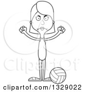 Lineart Clipart Of A Cartoon Black And White Angry Tall Skinny White Woman Beach Volleyball Player Royalty Free Outline Vector Illustration