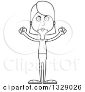 Lineart Clipart Of A Cartoon Black And White Angry Tall Skinny White Casual Woman Royalty Free Outline Vector Illustration